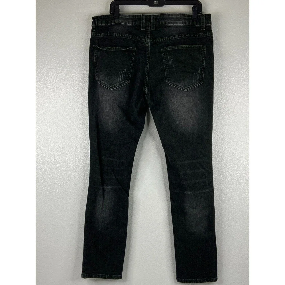 Men 36/29 Black Stretch Denim Jeans Green Distressed Urban Wear - Picture 5 of 9